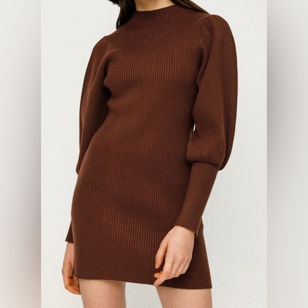 AVANTLOOK Bubble Sleeve Ribbed Sweater Mini Dress Brown NWT Size S